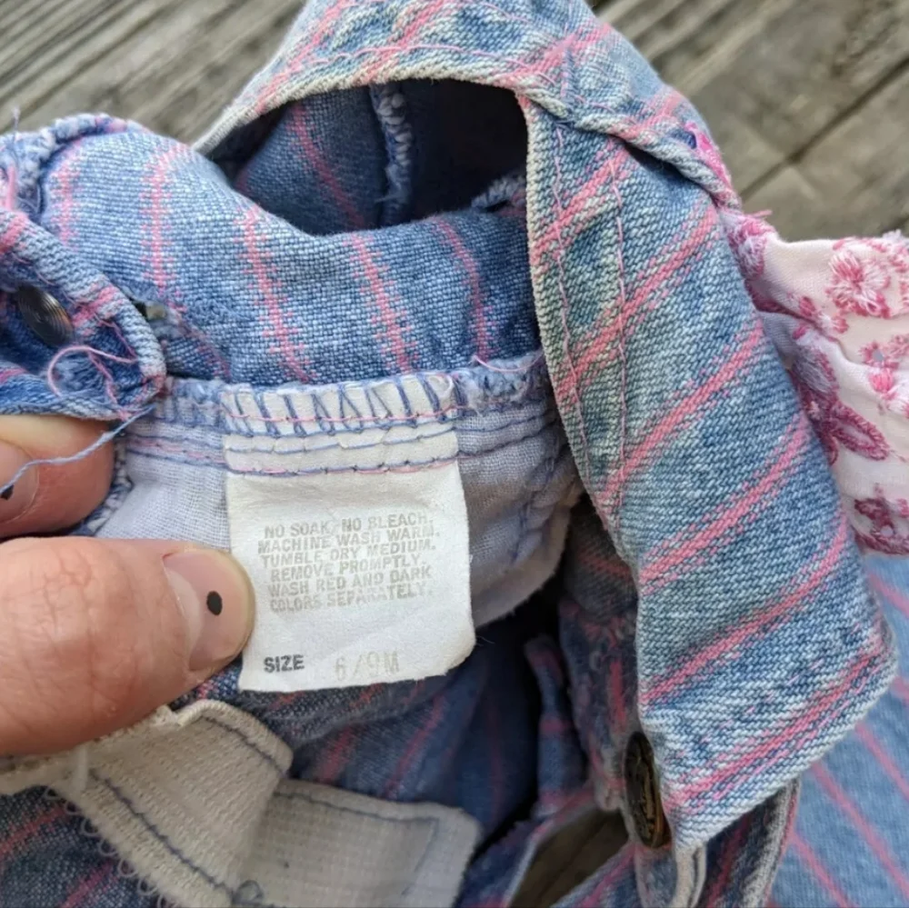 Vintage Oshkosh B'Gosh 6/9 M Vestbak Overalls Striped Denim Blue Pink